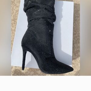 Jessica Simpson Black Crystal Embellished Pointed-Toe Stiletto Boot